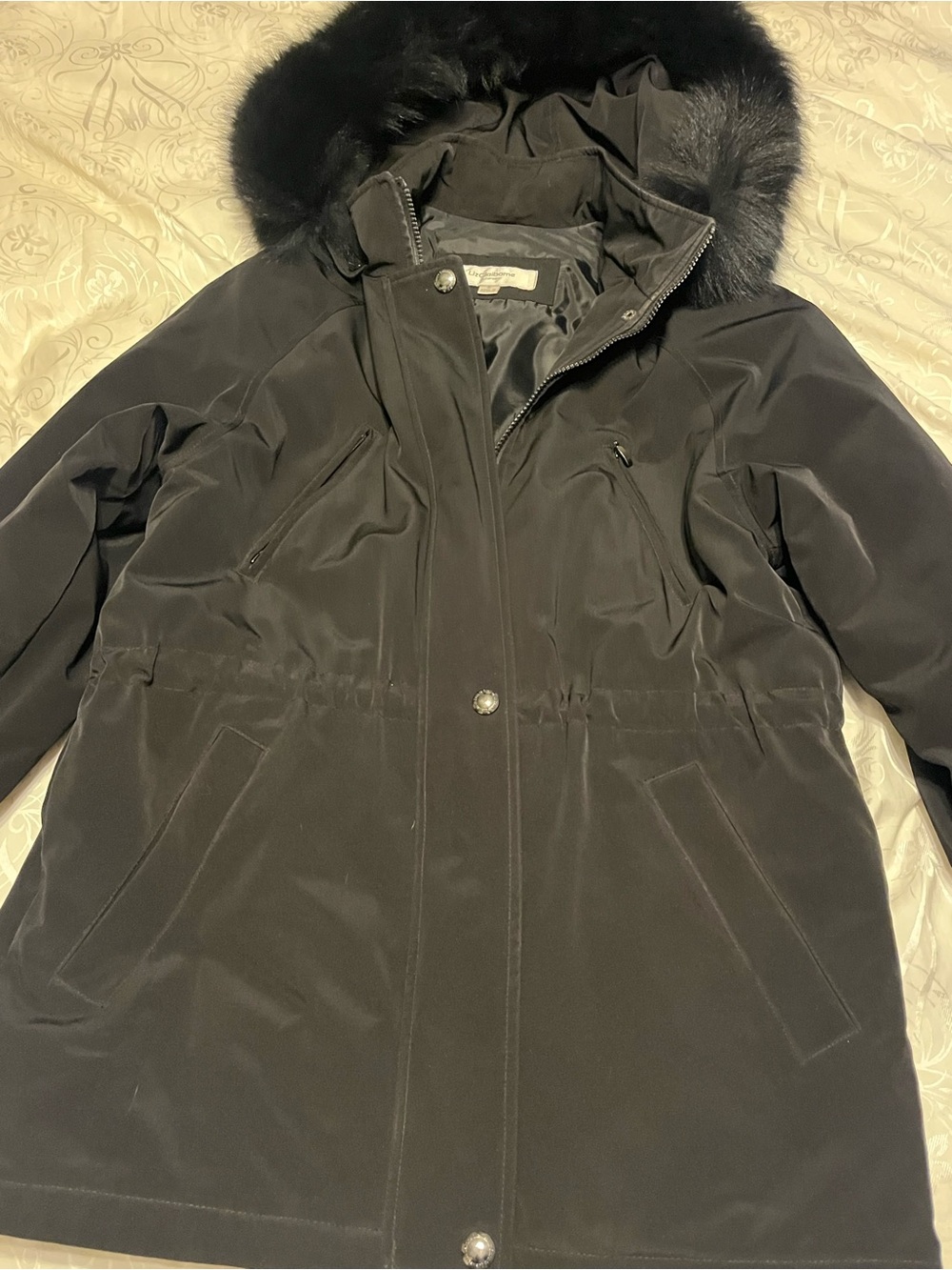 Liz Claiborne Black Winter Jacket Coat Real Fox Fur Trim Hood      Small